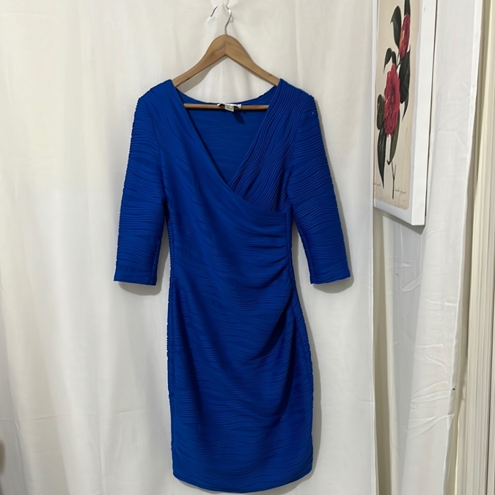 Joseph Ribkoff Blue Ribbed Faux Wrap Dress a172